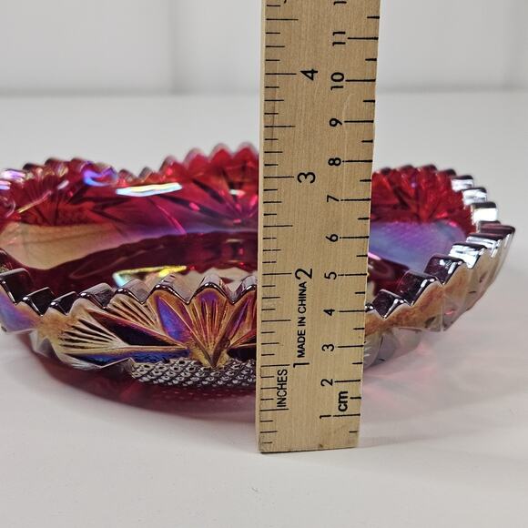 Red Iridescent Shallow Dish, Vintage Sawtooth Edge Glass, Carnival Candy Dish - Picture 8 of 8
